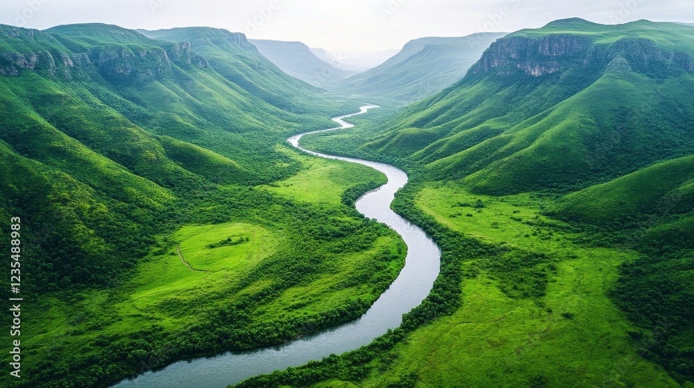 Fototapeta premium A breathtaking aerial view of lush green valleys and a winding river, surrounded by mountains under a soft, cloudy sky.