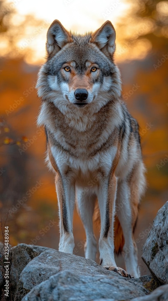 Naklejka premium Grey Wolf Standing on Rocks at Sunset