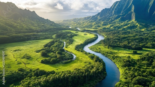 A breathtaking aerial view of a winding river surrounded by lush greenery and dramatic mountain ranges under a bright sky.