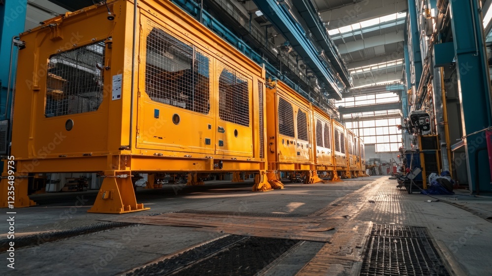 Obraz premium Industrial Factory Interior Yellow Machinery Geometric Structures Metal Engineering