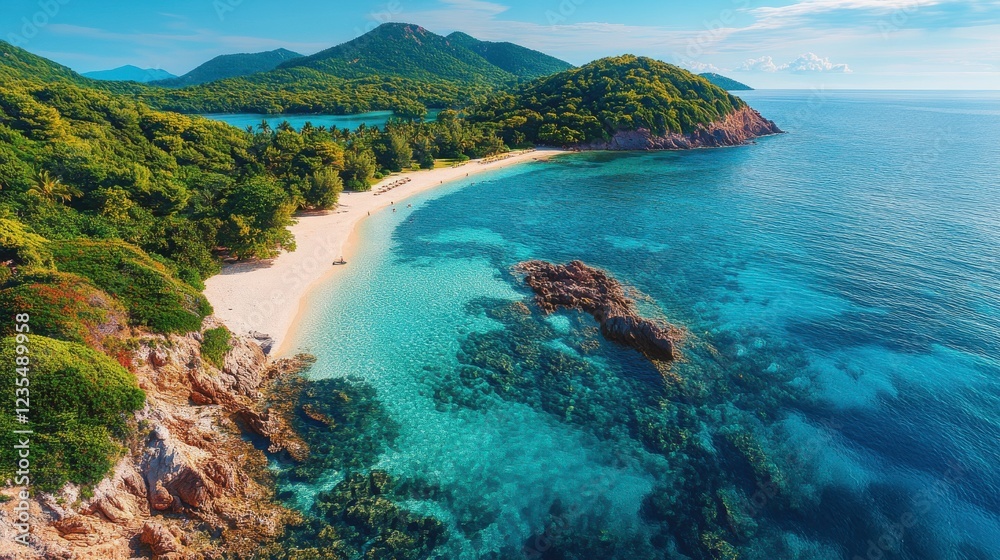 A breathtaking tropical beach with clear turquoise waters, lush greenery, and distant mountains under a bright blue sky. A breathtaking tropical beach with clear turquoise waters, lush greenery, and distant mountains under a bright blue sky.