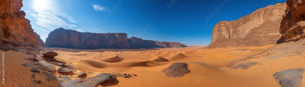 A vast desert landscape with golden sands, rocky cliffs, and a clear blue sky, showcasing a serene, arid environment. A vast desert landscape with golden sands, rocky cliffs, and a clear blue sky, showcasing a serene, arid environment.