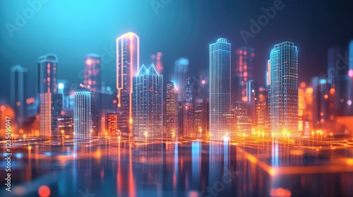 Abstract digital cityscape with neon-lit buildings, showcasing a futuristic urban skyline at night.