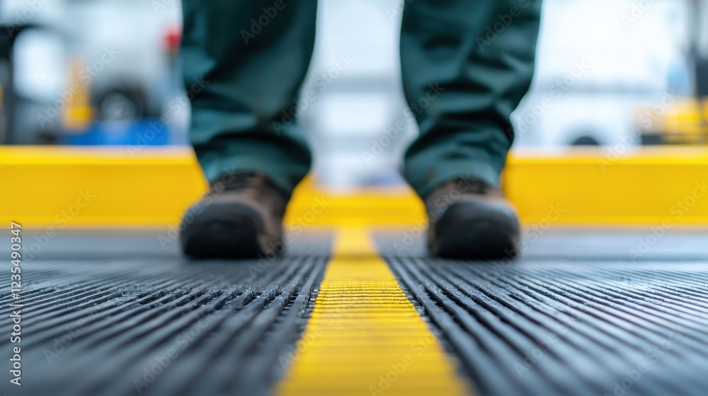 Fototapeta premium Worker Standing on Yellow Line in Industrial Setting