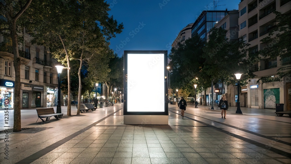 The image shows a large blank billboard on a street at night. The image shows a large blank billboard on a street at night.