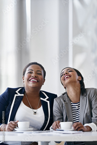 Business people, friends and laugh in office with coffee, employee relationship and joke on break. Social staff, tea and happy in company cafeteria for funny story, gossip and lunch time in workplace