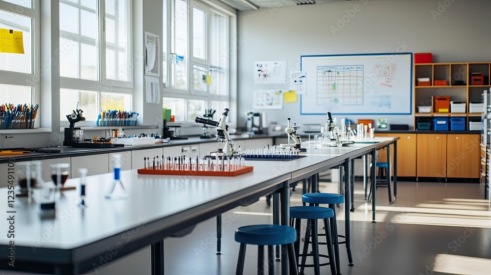 Bright and clean science lab classroom featuring counters with stools, microscopes, and a periodic table on a whiteboard. Bright and clean science lab classroom featuring counters with stools, microscopes, and a periodic table on a whiteboard.