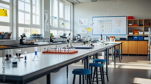 Bright and clean science lab classroom featuring counters with stools, microscopes, and a periodic table on a whiteboard.