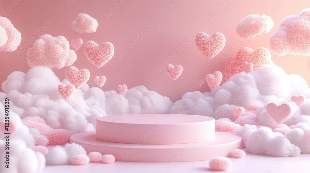 Circular podium surrounded by pastel hearts and soft clouds in a romantic, whimsical 3D-rendered setting. Circular podium surrounded by pastel hearts and soft clouds in a romantic, whimsical 3D-rendered setting.