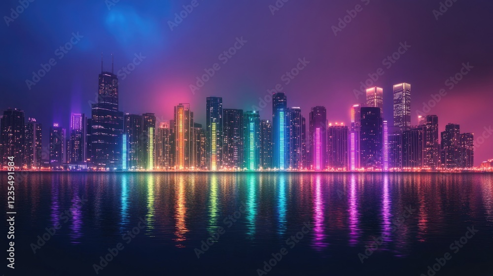 Fototapeta premium City skyscrapers lit up in pride rainbow hues, reflecting inclusivity and diversity under a serene night sky.