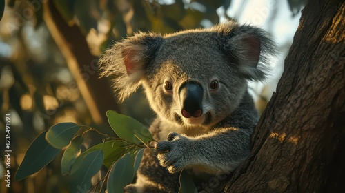 Close-up of a koala sitting on a eucalyptus tree branch, looking directly at the camera in the warm golden light of sunset.