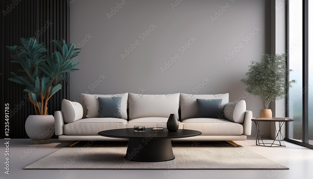 Fototapeta premium A minimalist living room featuring a cream sofa dark coffee table and potted plants