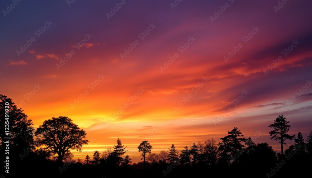 Vibrant sunset with silhouetted trees and dramatic sky colors Vibrant sunset with silhouetted trees and dramatic sky colors