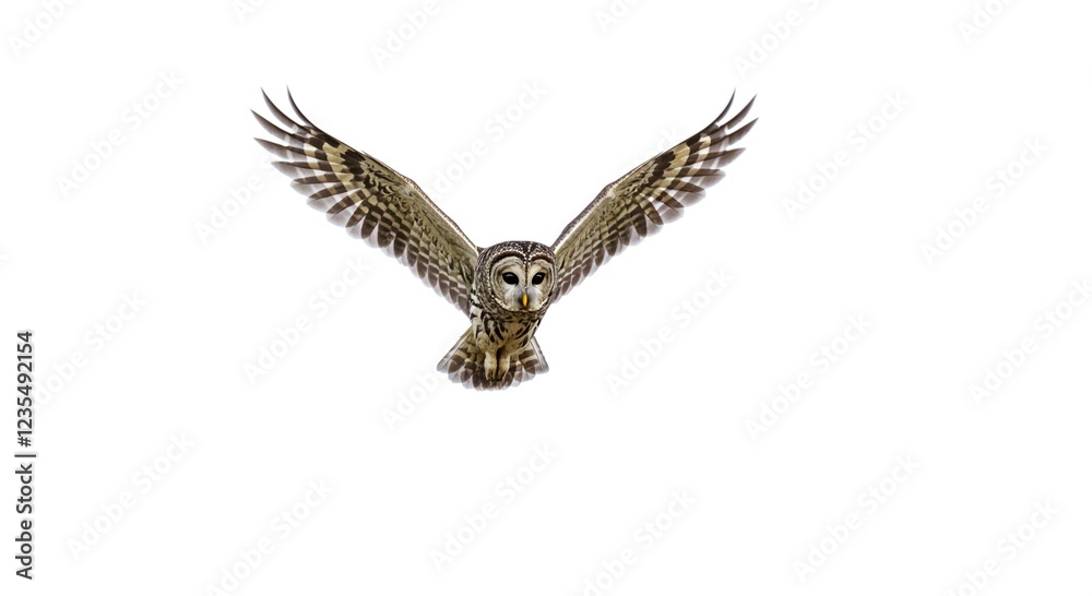 Obraz premium Majestic Barred Owl in Flight Wings Spread Wide Against White Background