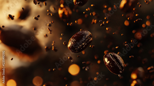 A mesmerizing close-up of floating coffee beans captured in mid-air, emphasizing rich textures, deep roast hues, and an intense aroma in a dramatic, cinematic-style coffee photography composition