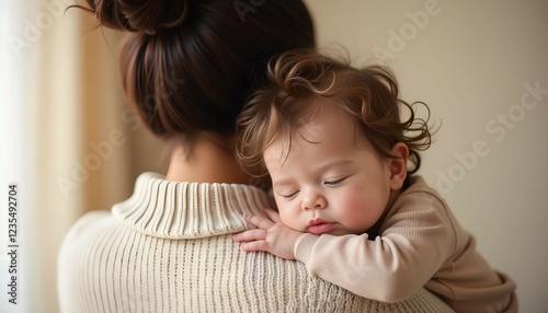 Close-up of a beautiful woman holding a baby with a soft light at home. Mother Cuddling Baby 