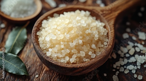 White sea salt in wooden spoon on a table with green leaves. Natural and organic salt crystals for cooking or spa treatments photo