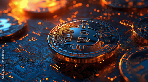 A futuristic, glowing Bitcoin coin resting on a high-tech digital circuit, symbolizing cryptocurrency, blockchain innovation, and the evolution of modern decentralized finance.