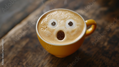 A creative latte foam design featuring a surprised face, blending playful artistry with barista skill to create a whimsical and charming morning coffee experience.