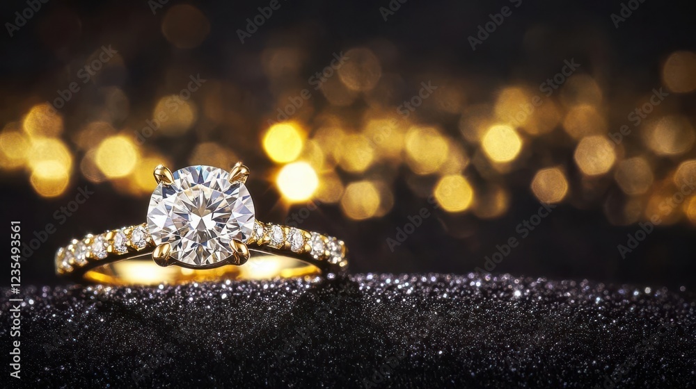 A close-up of a sparkling diamond engagement ring on a dark, glittering background. A close-up of a sparkling diamond engagement ring on a dark, glittering background.