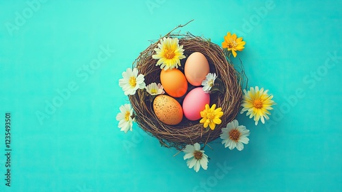 Easter-themed flat lay with eggs and flowers artfully arranged in a nest on a bright turquoise background.