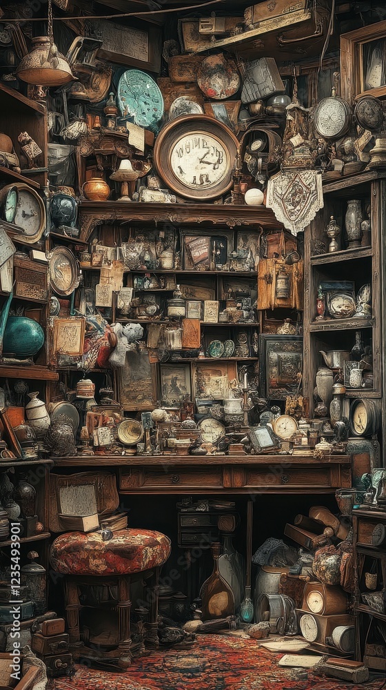 A cluttered antique shop filled with clocks and various collectibles