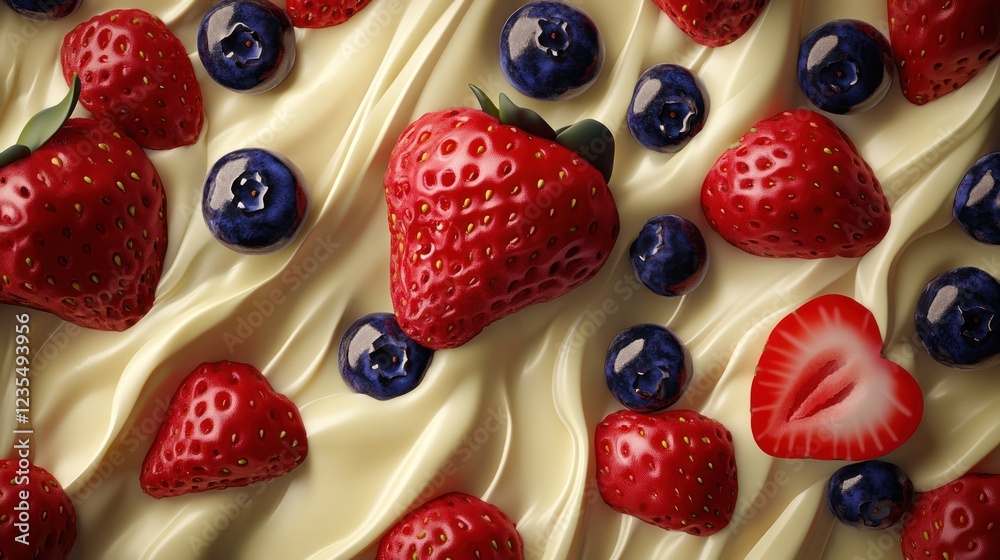 Obraz premium Strawberries, blueberries, cream swirls; delicious dessert