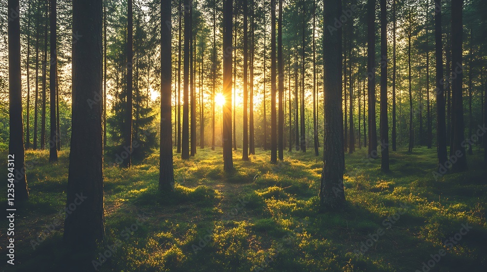 Obraz premium Sunset Illuminates Dense Forest Trees and Undergrowth