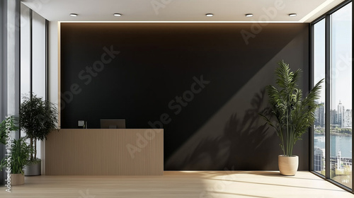 Fototapeta Naklejka Na Ścianę i Meble -  Modern wooden corporate lobby waiting area with blank wall space for logo placement, 3D rendered office interior mockup in natural lighting for branding and architectural visualization