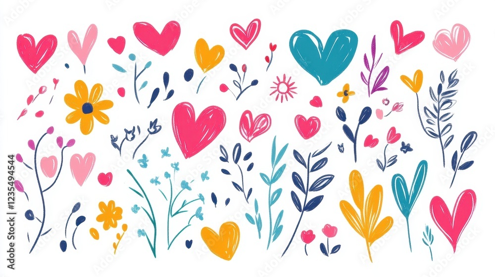 A vibrant array of illustrated flowers and hearts in various colors, perfect for conveying love and positivity. A vibrant array of illustrated flowers and hearts in various colors, perfect for conveying love and positivity.