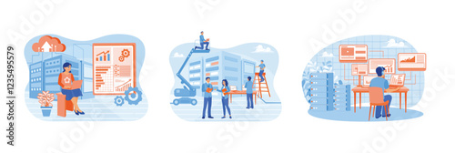 Data center concept, data network management and database information monitoring.