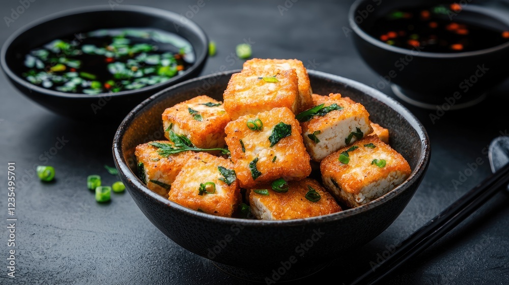 Crispy Tofu Cubes, Asian Sauce, Dark Table Crispy Tofu Cubes, Asian Sauce, Dark Table