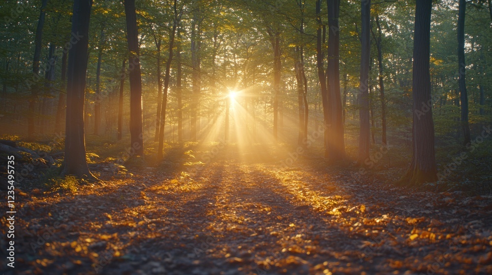 Obraz premium Sunbeams piercing misty forest at sunrise.