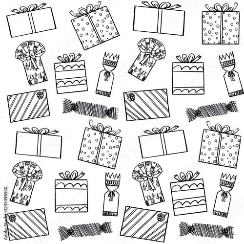Present boxes doodle seamless pattern in black ink 
