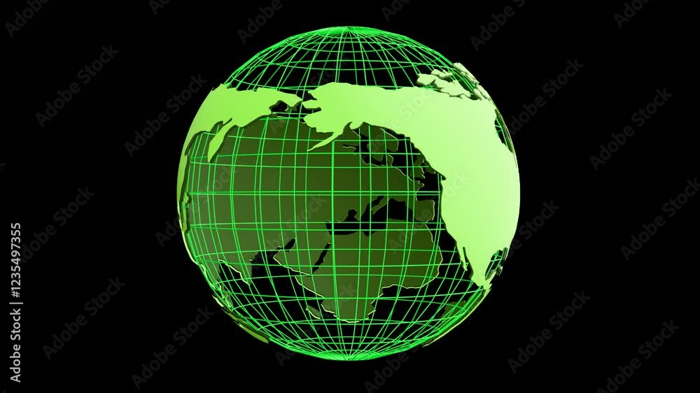 A simple rotating green neon wireframe globe with 3D world map created by procedural geometric 3D modeling seamless looping cartography animation.