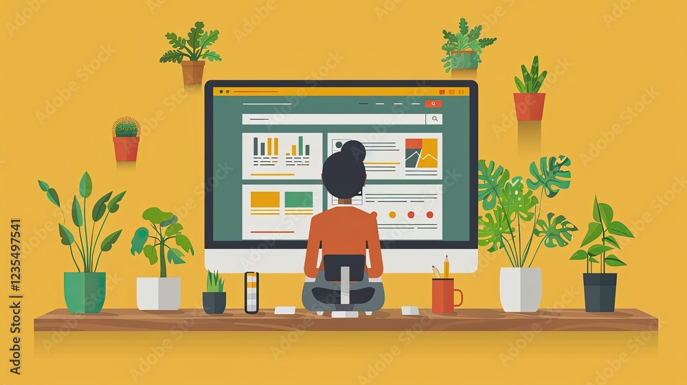 Fototapeta premium flat design, illustration, SEO Magic A marketer transforms a failing website into a top-ranking success. Illustration: Browser windows, upward-moving search bars