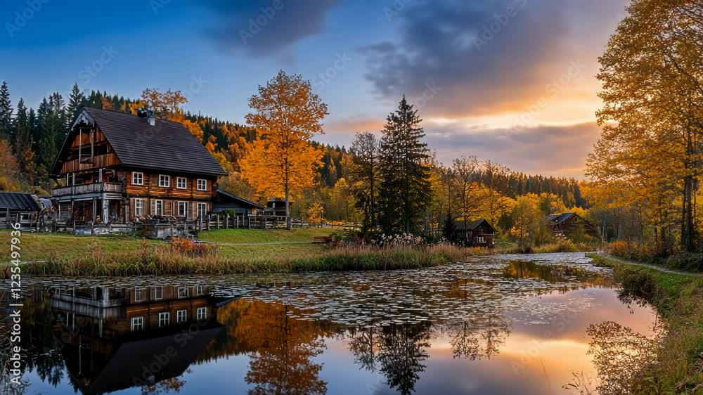 A tranquil autumn landscape featuring a rustic house by a reflective pond amidst colorful foliage.