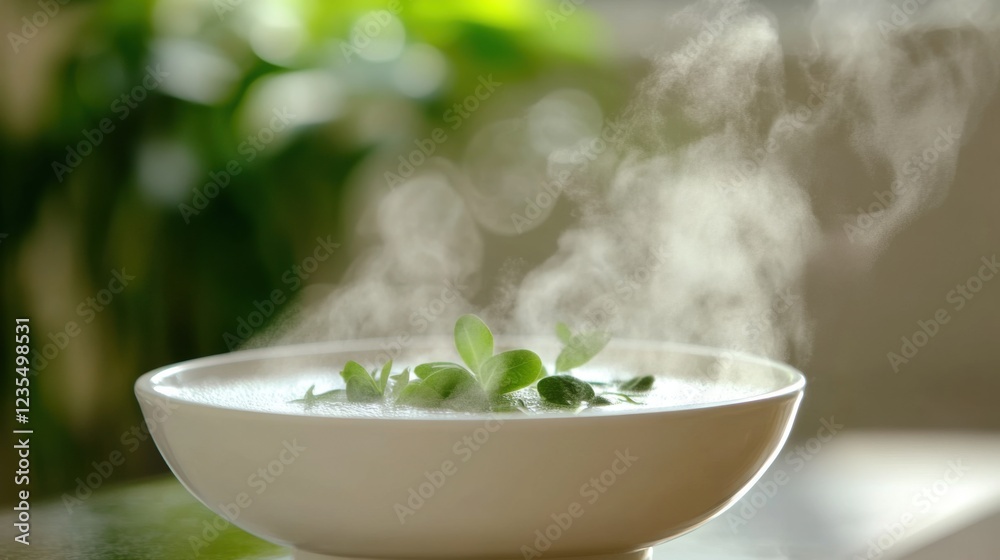 Close-up of a warm bowl with eucalyptus-infused water and rising steam, creating a tranquil spa atmosphere. Relaxation, wellness, and self-care concept. Close-up of a warm bowl with eucalyptus-infused water and rising steam, creating a tranquil spa atmosphere. Relaxation, wellness, and self-care concept.