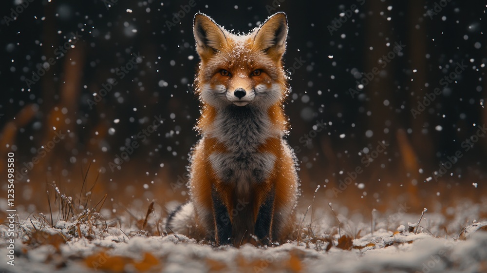 Fototapeta premium Red fox sitting in snowy forest.