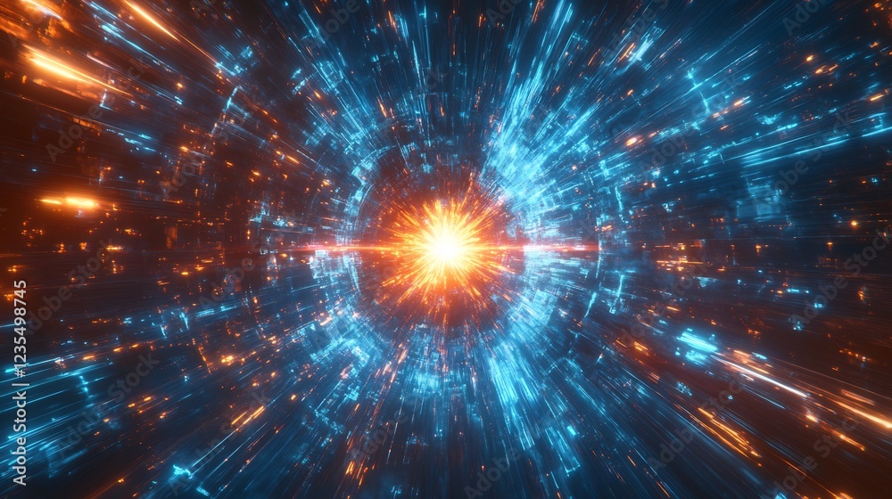 Fototapeta premium Intense blue orange light streaks radiate dynamically from glowing core abstract digital art. AI Generated