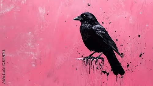 Black crow perched on pink textured surface with black ink splatter.