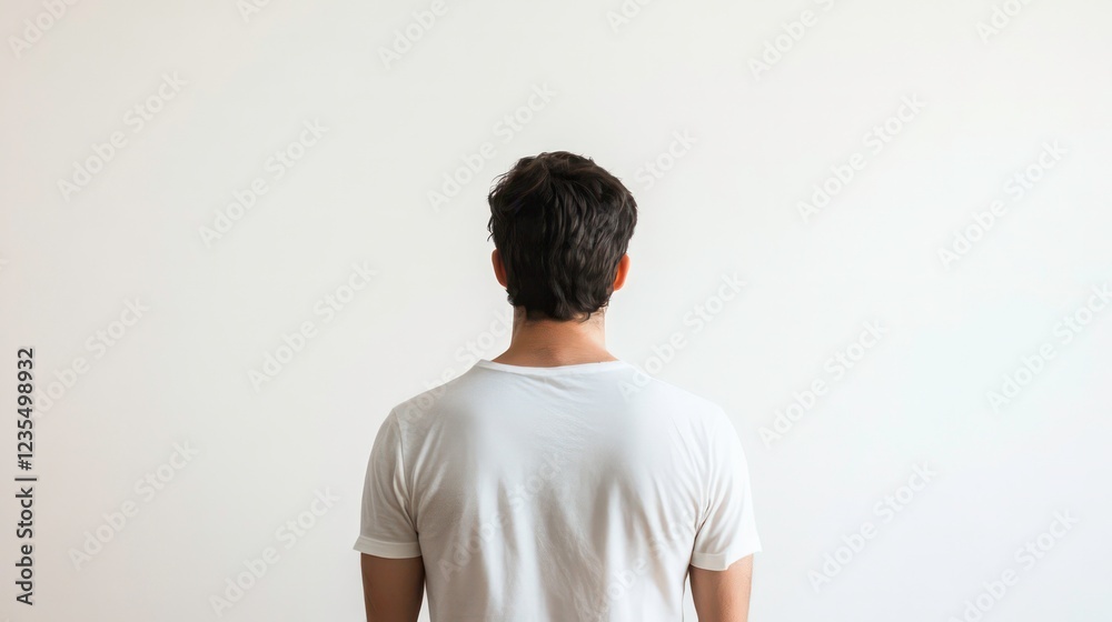 Rear view of a man in a white t-shirt standing against a white wall.