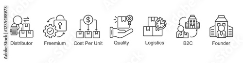 Revenue Streams Icon quality, distributor, freemium, cost per unit, logistics, b2c, founder