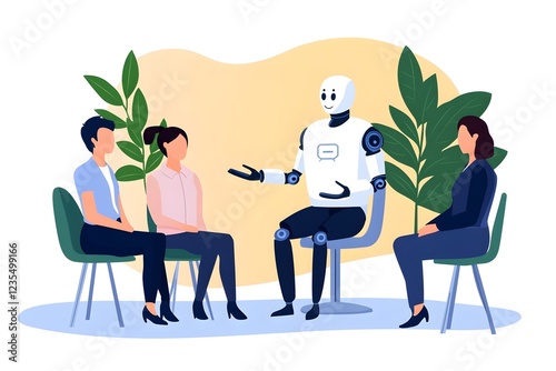 A robot is sitting in a chair in front of a group of people