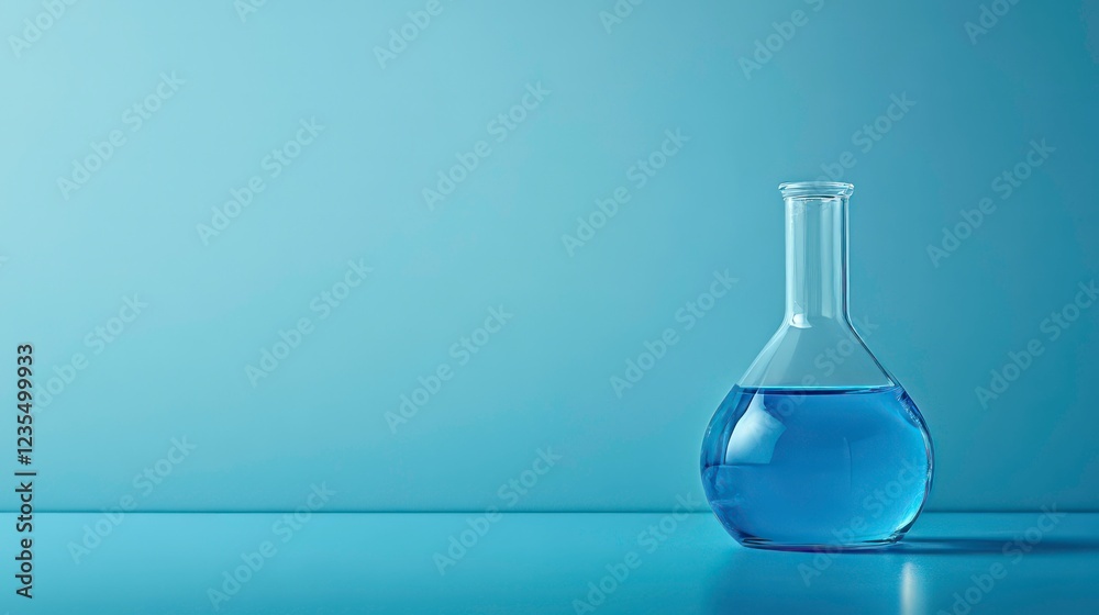 Blue liquid in a glass flask against a blue background. Blue liquid in a glass flask against a blue background.
