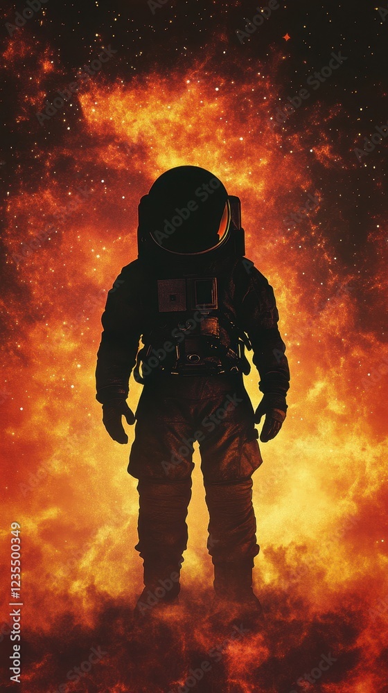 Astronaut Silhouette Against Fiery Cosmic Nebula Astronaut Silhouette Against Fiery Cosmic Nebula