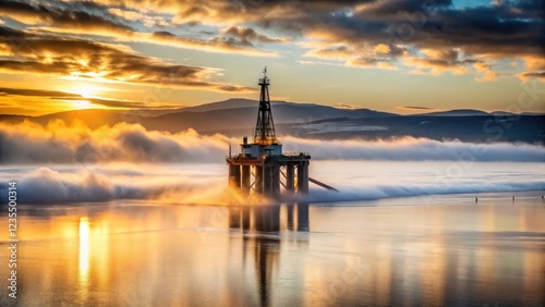 Large semi-submersible oil rig stands alone in Cromarty Firth at early morning sunrise with misty fog rolling in photo