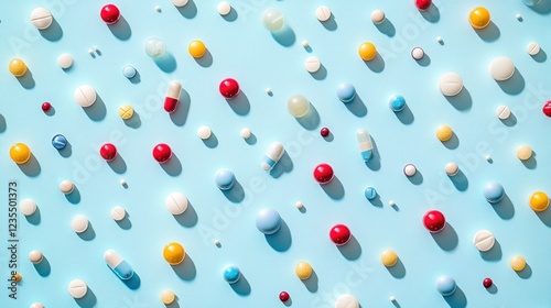 Colorful pills and capsules scattered on blue background.