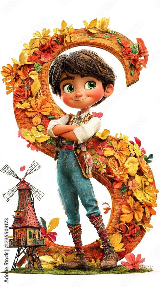 Charming Cartoon Boy with Floral Letter S and Windmill Charming Cartoon Boy with Floral Letter S and Windmill