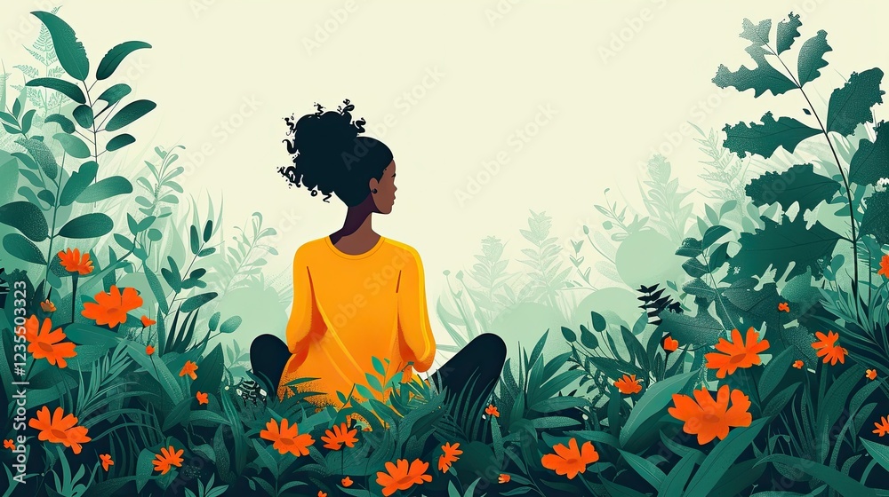 flat design, illustration, Steps to Serenity A stressed individual finds peace through mindfulness. Illustration: Yoga poses, serene nature scenes flat design, illustration, Steps to Serenity A stressed individual finds peace through mindfulness. Illustration: Yoga poses, serene nature scenes